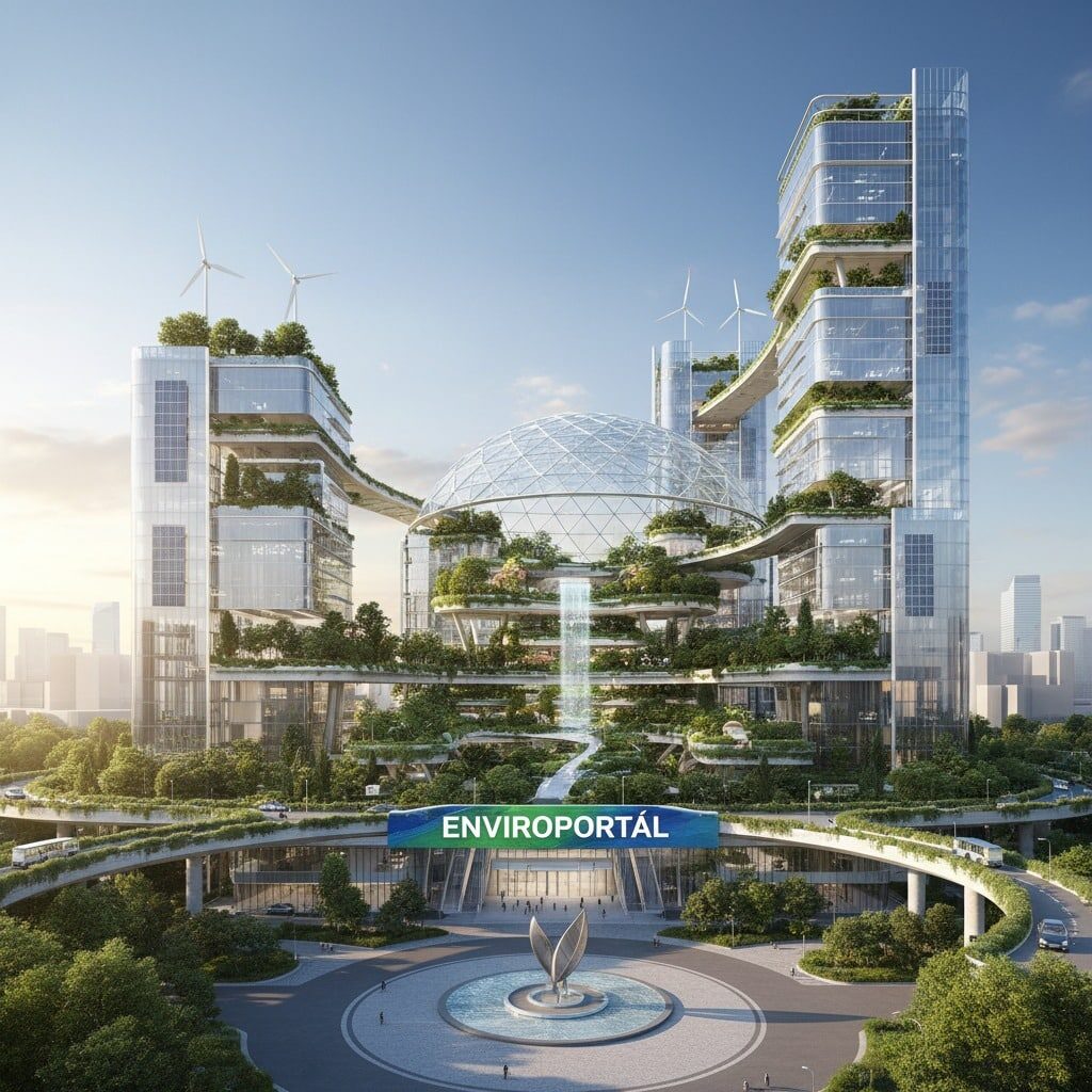 Vizualizácia futuristického komplexu budov obklopeného zeleňou, s nápisom ENVIROPORTÁL nad hlavným vstupom.